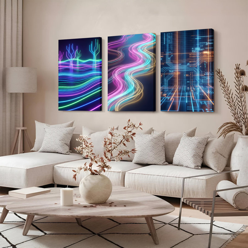 Ensemble de 3 tableaux muraux abstraits sur toile, représentant des vagues et un circuit imprimé, inspirés d'un paysage néon.