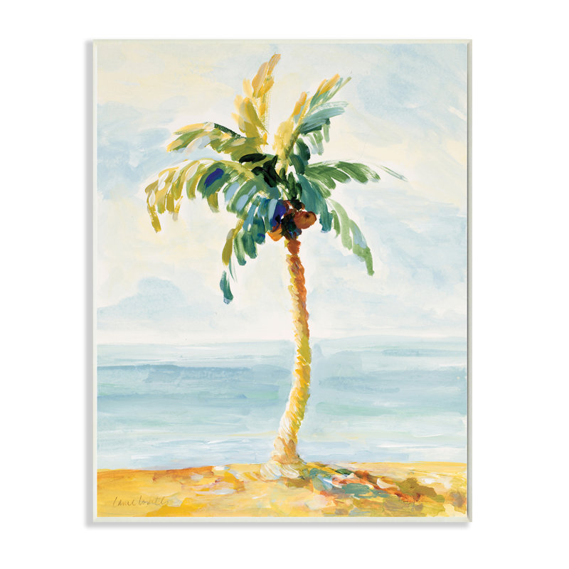 Palmier avec noix de coco sur le sable de la plage par Lanie Loreth - Peinture, Plaque murale, H 19 po x l 13 po