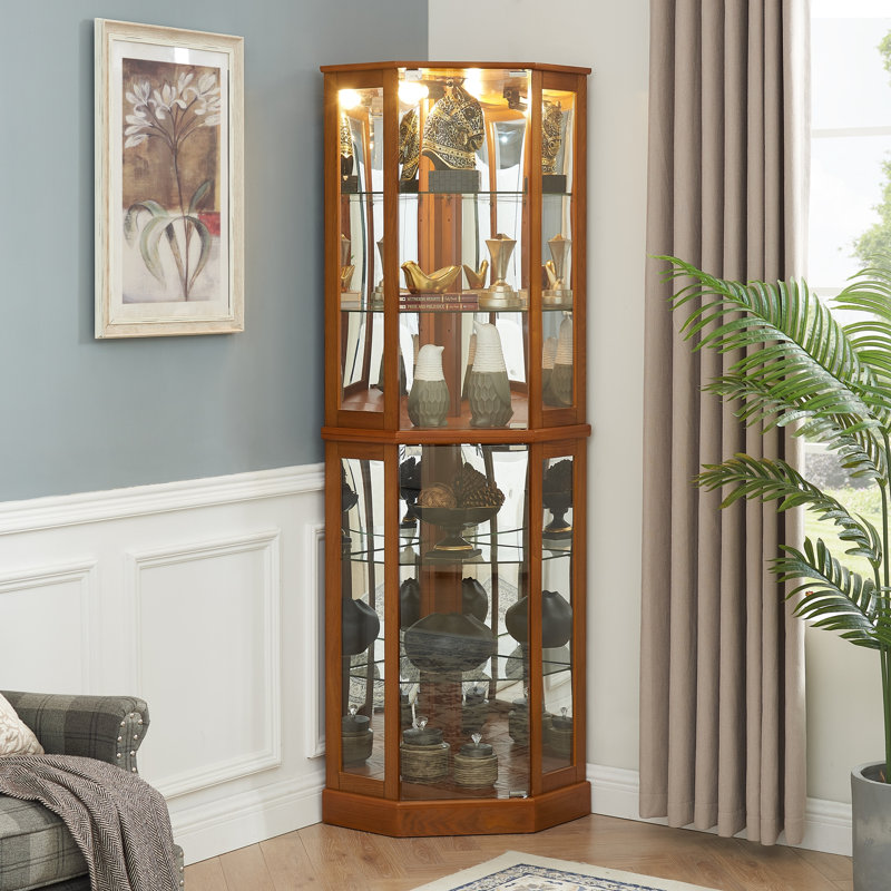 Vitrine de coin à 6 tablettes avec lumières, Oak