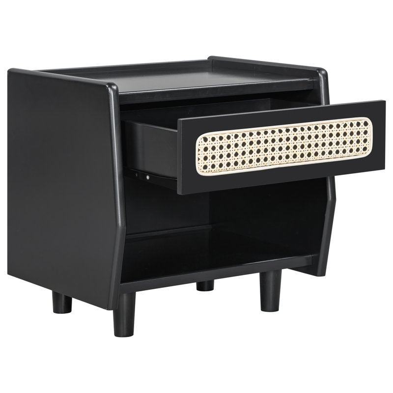 Tables de chevet noires élégantes avec rangement en rotin, conception compacte en bois massif