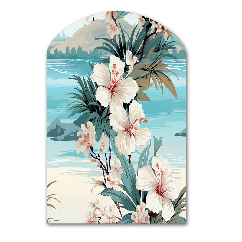 Motif tropical de bord de mer, impression sur métal, arche côtière, art mural blanc asymétrique en métal, H 43 po x l 33 po