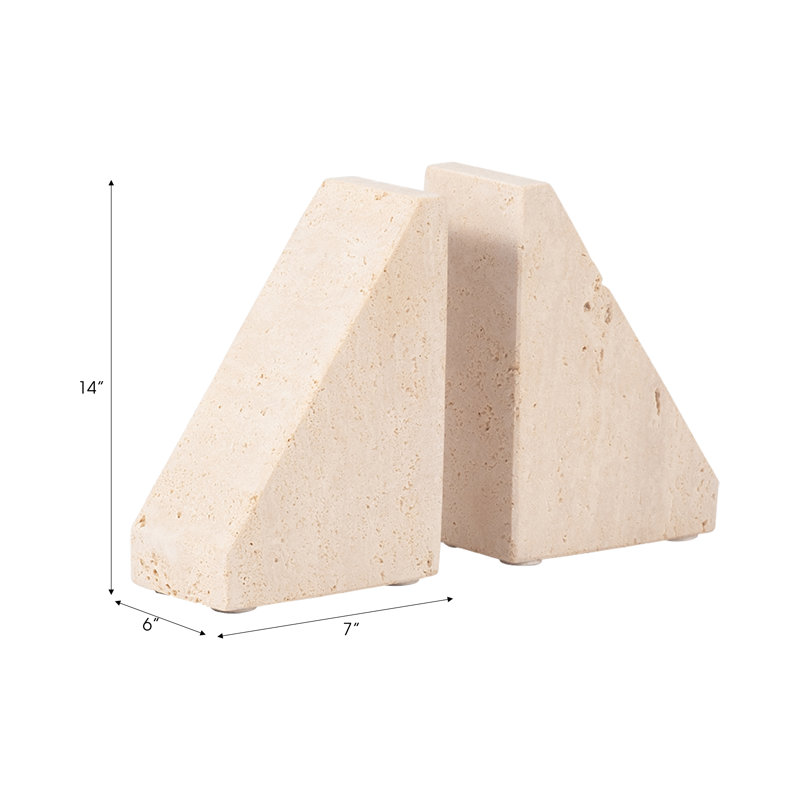 Elegant Travertine Stone Triangle Bookends, Tan Color, Perfect for Home Decor and Organization, Set