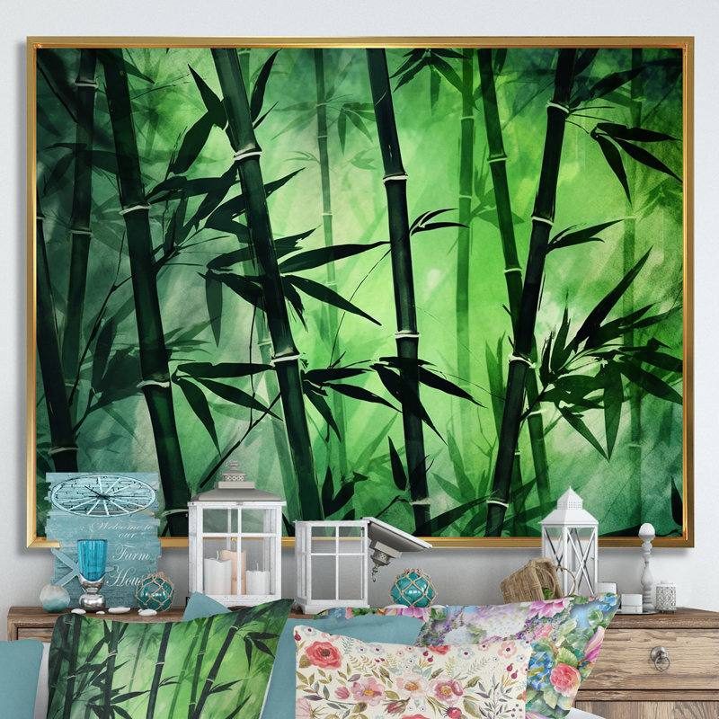 Bambou vert foncé et clair sur toile, H 16 po x l 32 po x P 1 po, Cadre flottant doré