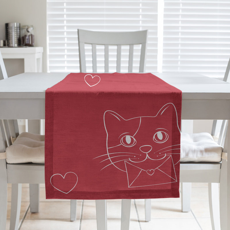 Festive Hol Valentine's Day Cats Table Runner, 72" L x 16" W, Red, Cotton blend