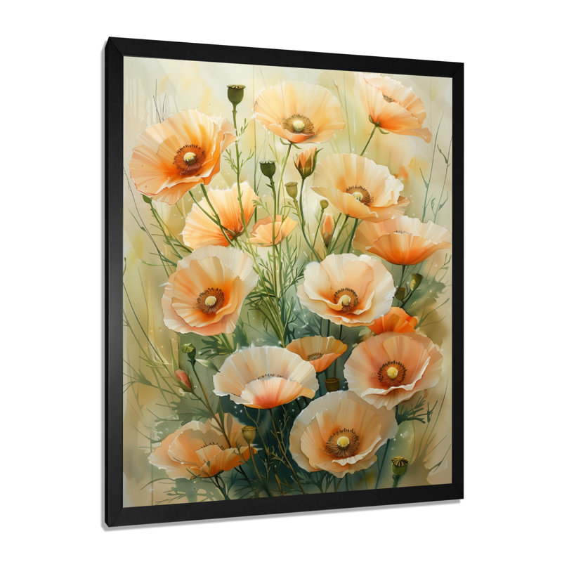 «Yellow Poppies Whispers Of Love III», impression d'art mural coquelicots, Black Picture Framed, H 20 po x l 12 po x P 1 po