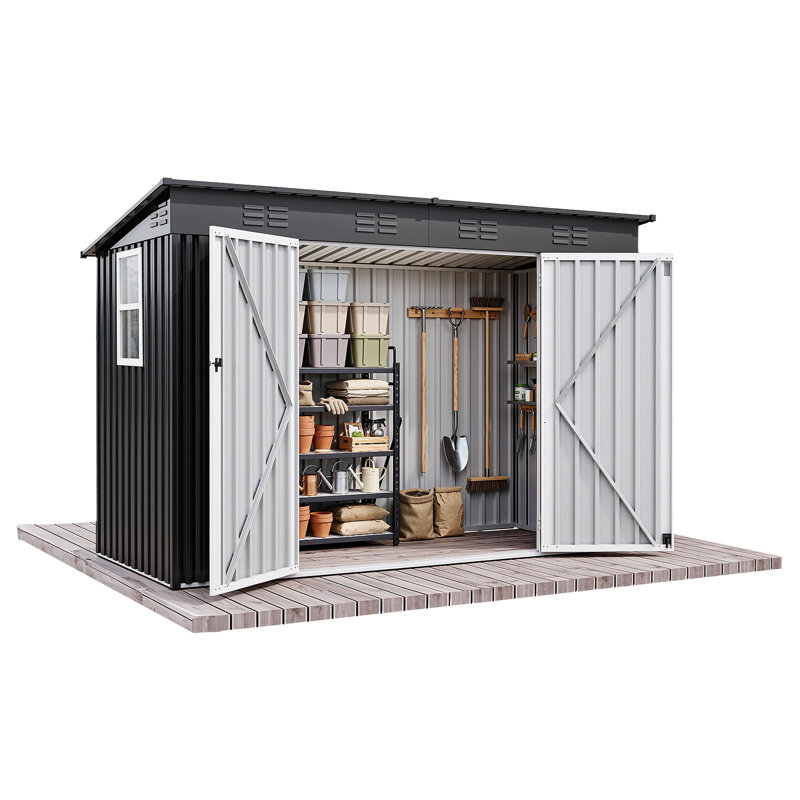 Edrosie Inc 8.5x3.5 FT Steel Storage Shed, Sloped Roof, Window & Lockable Doors Dark Gray
