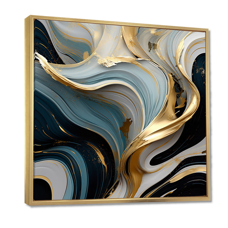 «Futur marée», art abstrait de vagues modernes, Toile avec cadre flottant or, H 16 po x l 16 po x P 1 po