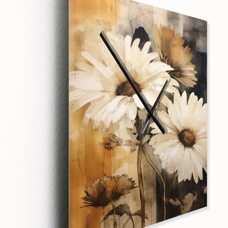 Horloge murale rétro vintage avec marguerites brunes II, Petit