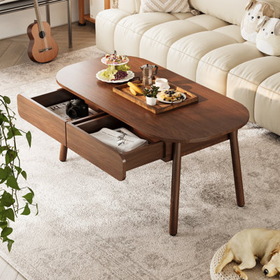 Table basse ovale avec rangement - Tables basses modernes de style Mid-Century 39,4 po pour le salon, table de centre en bois avec 2 tiroirs - couleur noyer