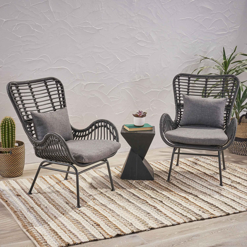 Tapscott Wicker Patio Chair With Cushions (Set Of 2), Gray, Black
