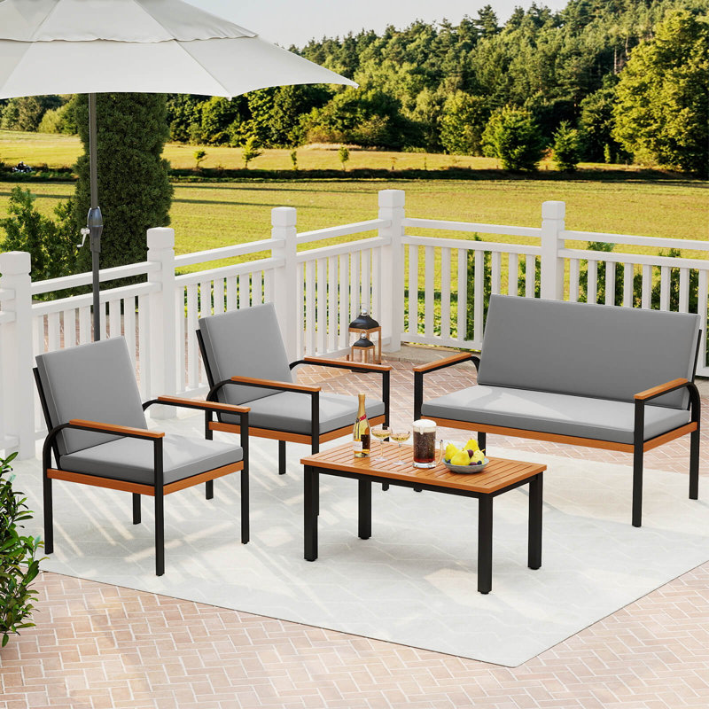 Ensemble de meubles de patio 4 pièces en bois d'acacia avec table basse, causeuse et 2 chaises simples pour porche gris