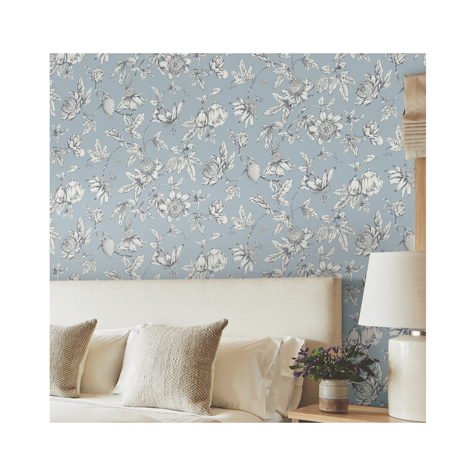 Passion Flower Toile Floral Wallpaper, Sky Blue