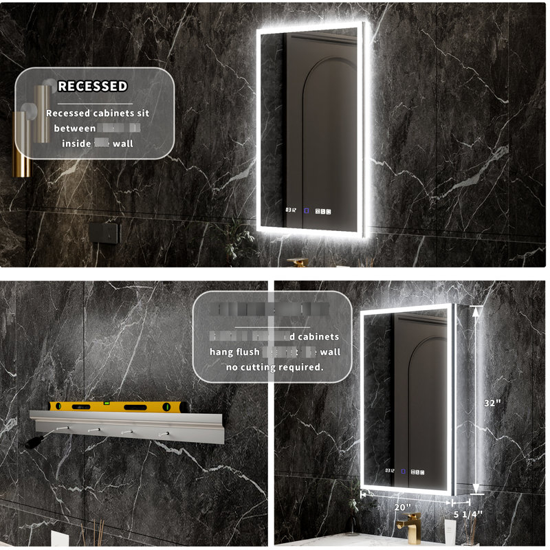 20 po x 32 po, armoire intelligente, salle de bain, double éclairage, contrôle de la luminosité, armoire à pharmacie intégrée de conception intégrée avec façade avant et rétro-éclairée, prise de courant haute et gradation continue