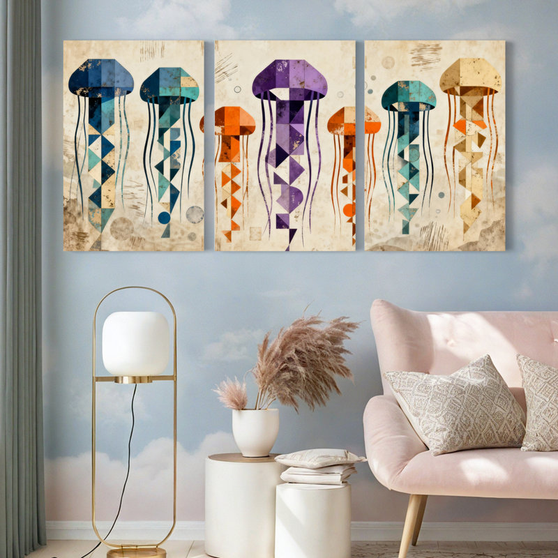 Tableau abstrait géométrique à motif de méduses sur toile tendue, style bohème moderne (lot de 3), H 18 po x l 36 po