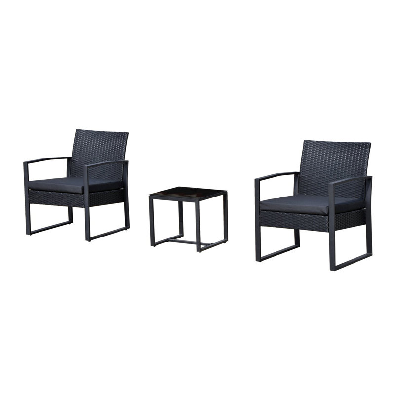 Ensemble de conversation en rotin avec coussins 3 pièces Ila, Structure noire / coussin noir