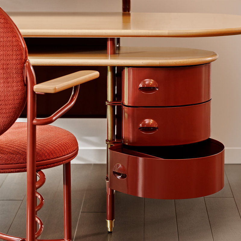 Frank Lloyd Wright Racine Desk with Storage and Accessories, 35" H x 84" W x 37" D, Maple Brown/Red