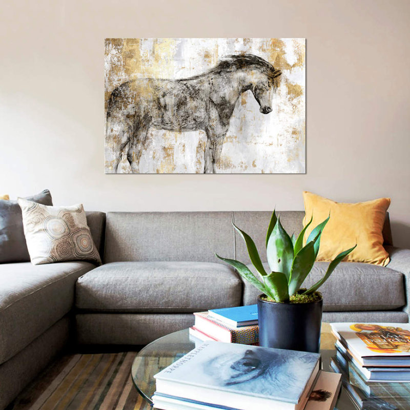 «Équitation dorée I», reproduction sur toile, H 40 po x l 60 po x P 1,5 po, Pas de tapis, Toile tendue