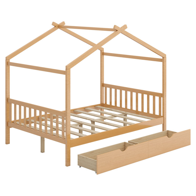 Lit plateforme House avec deux tiroirs, tête de lit et pied de lit, Naturel