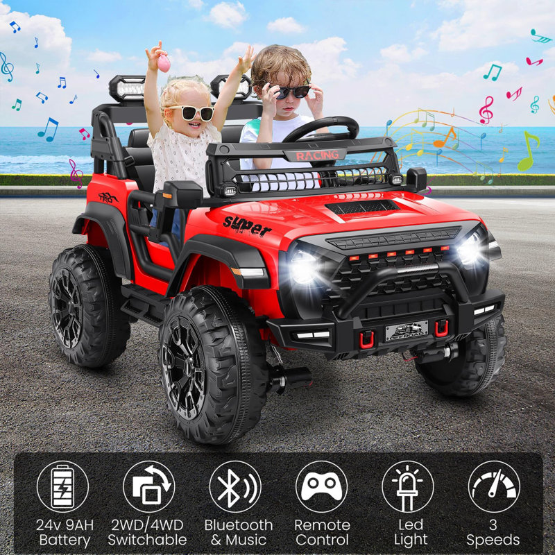 Alex 24V 4WD//2WD Ride On Jeep Car With Remote Control, Real 2 Seater Electric Truck For Kids,4X100w Motor,LED Headlights,Music Player,20 Wide Seat,Ride On Toy For Kids Toddlers, Red