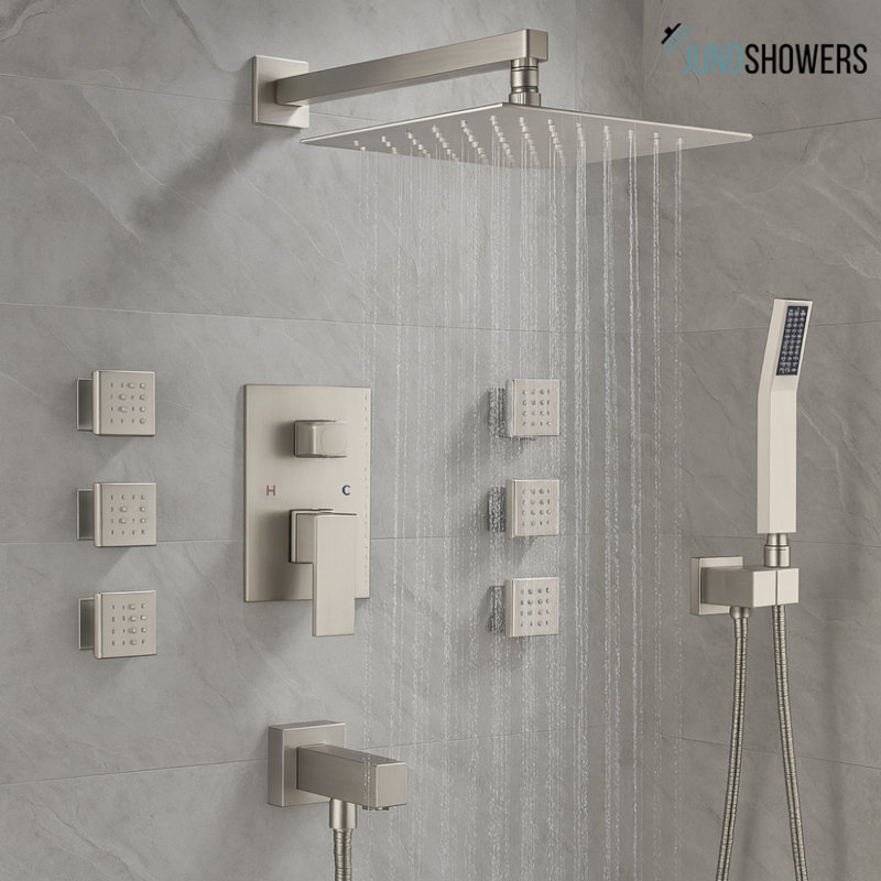 Juno Commercial Silver Finish Wall Mounted Shower Set with 6 Body Jets, Silver