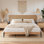 Base de lit plateforme Boho avec tête de lit en rotin naturel tissé, lattes robustes, sans sommier, rangement sous le lit