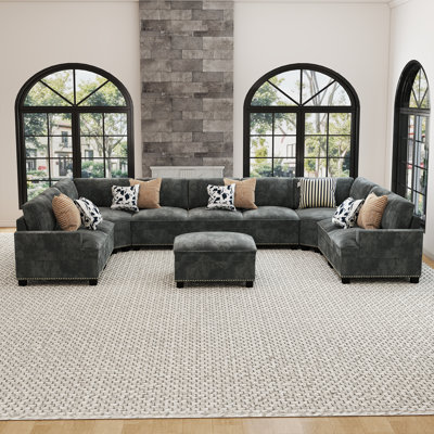 Spacious 10-Piece U-Shaped Corduroy Nailhead-Trimmed Sectional Sofa, Cloud Couch With Ottoman