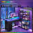 L Shaped Computer Desk with Drawers, 53'' Gaming Desk with Storage Shelves, Corner Computer Desk with Power Outlets & LED Light-2050298861