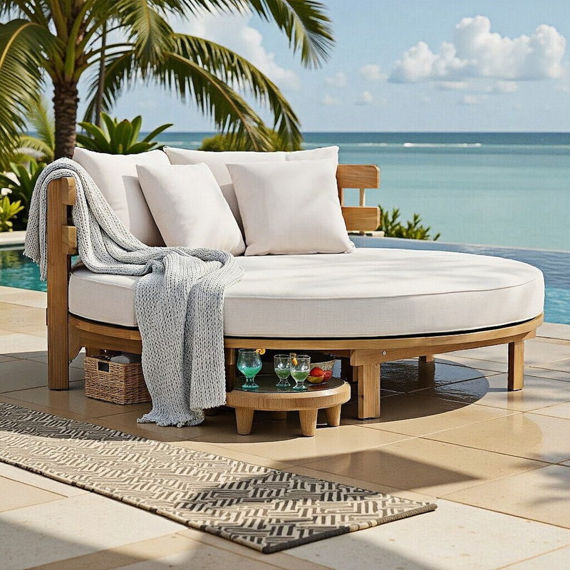 Timberlane Acacia Wood Round Patio Daybed, Outdoor Lounger with Half-Round Slatted Backrest, Foldable Cushion & 4 Pillows, Water-Resistant Covers for Backyard, Poolside, Garden