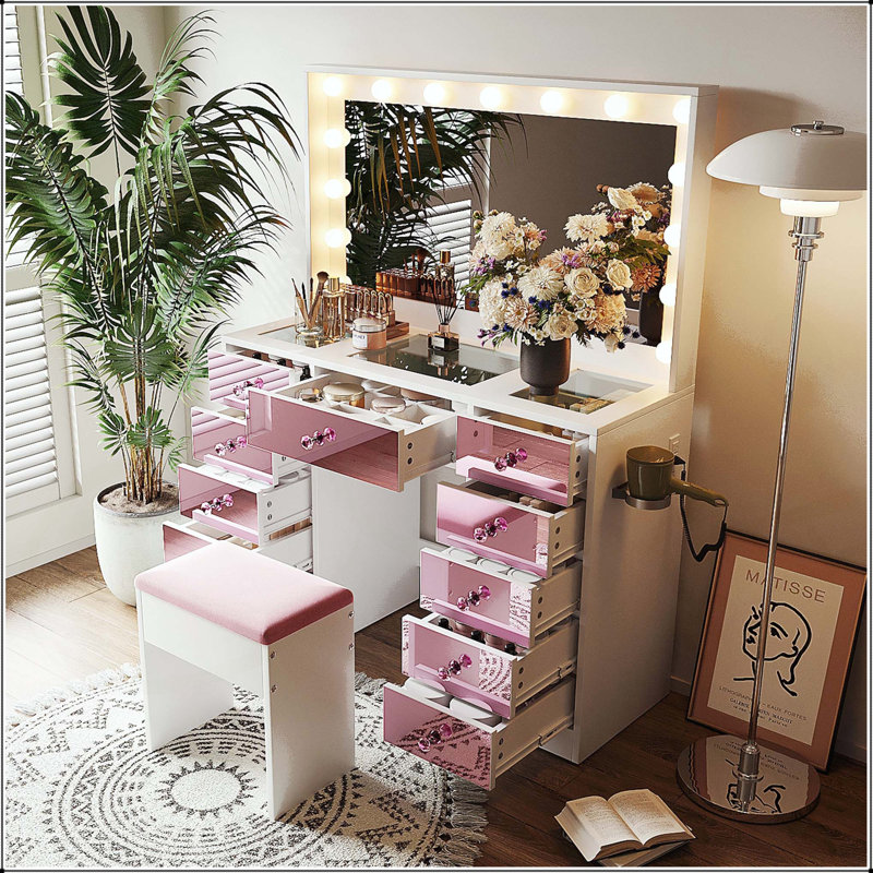 Coiffeuse de maquillage avec 15 ampoules Hollywood et finition rose