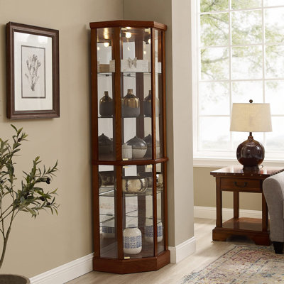 Vitrine de coin éclairée 6 tablettes avec tablettes en verre trempé et miroir