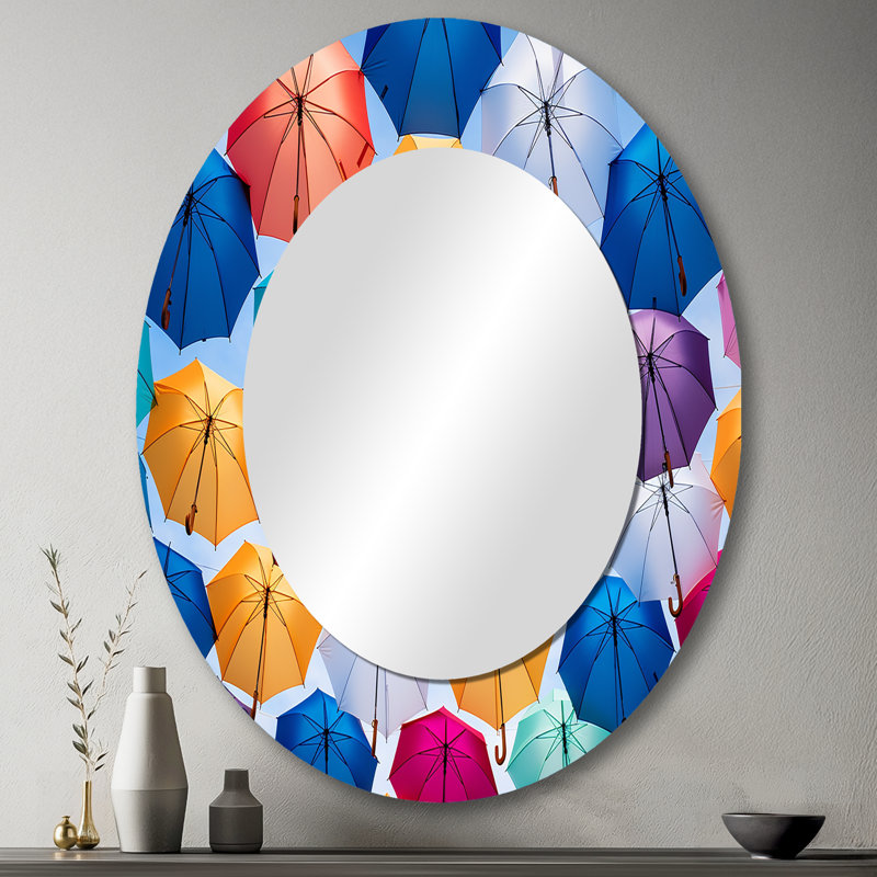 Sky Full Of Colorful Umbrellas I - Multi-Color Oval Wall Mirror Decor, 43" H x 33" W