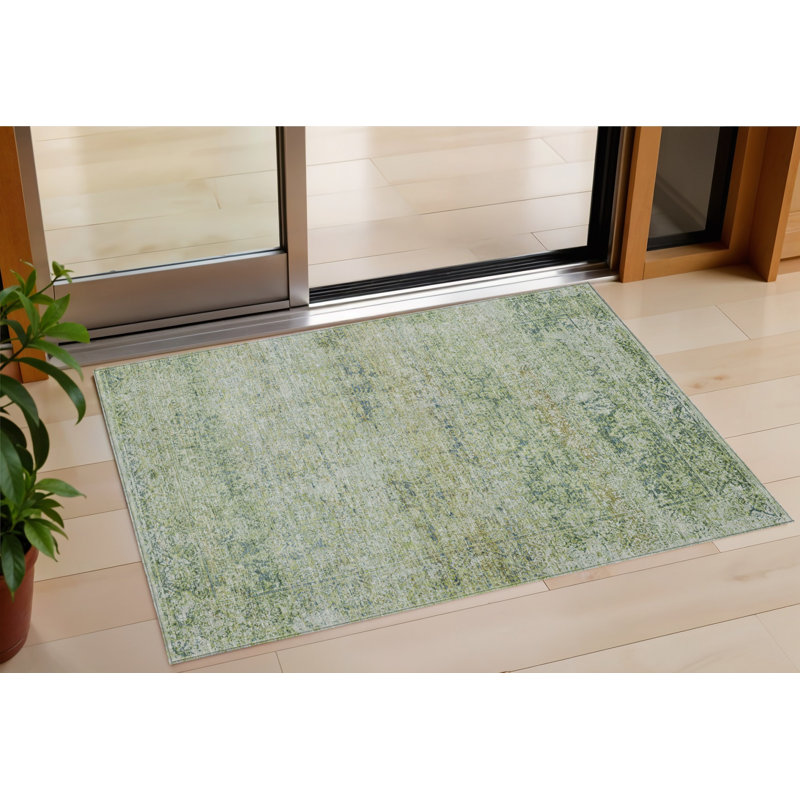 Tapis d'extérieur lavable abstrait 3 pi x 5 pi vert et ivoire artichaut