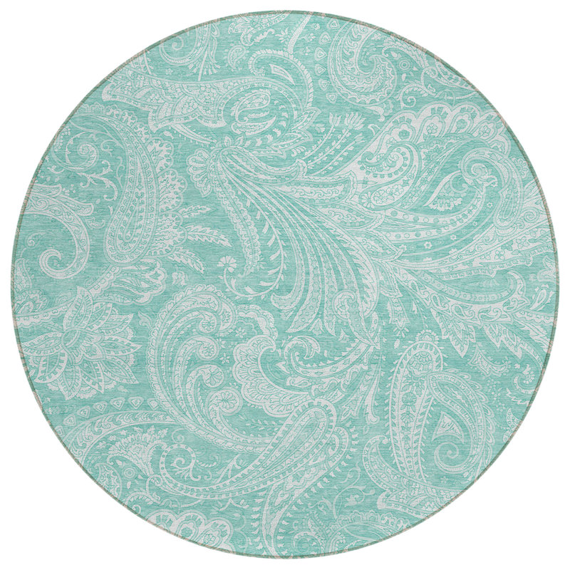 Tapis d'intérieur / extérieur rond 8 pi bleu sarcelle et ivoire lavable