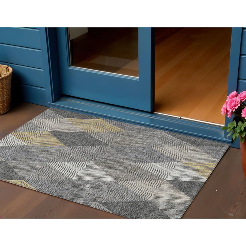 3' X 5' Pewter Gray And Gold Argyle Washable Indoor Outdoor Area Rug