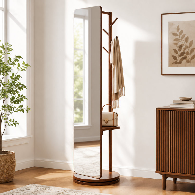 Miroir pivotant sur 360 ° en bois de noyer massif avec portemanteau, tringle et tablettes - l 15,75 po x H 19 po x 19 po x H 69 po