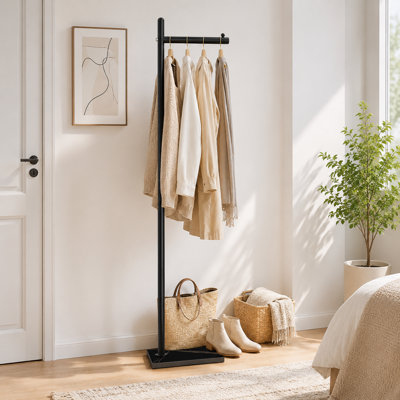 Black L-Shaped Freestanding Hall Tree with Rock Base, Metal Coat Stand 68.5 Inches High, Clothes Hanger Stand Suitable for Bedroom, Hallway, or Entrance