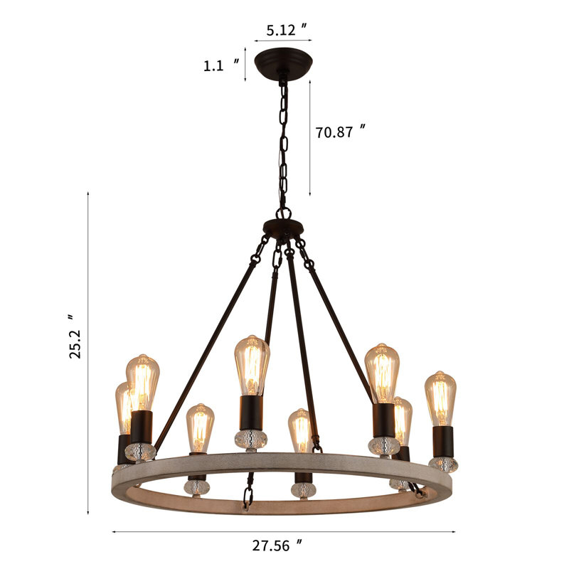 Lustre en forme de roue de chariot à 8 lumières, chêne rond blanc avec finition en fer, luminaire suspendu pour cuisine, vestibule, salle à manger, homologué UL