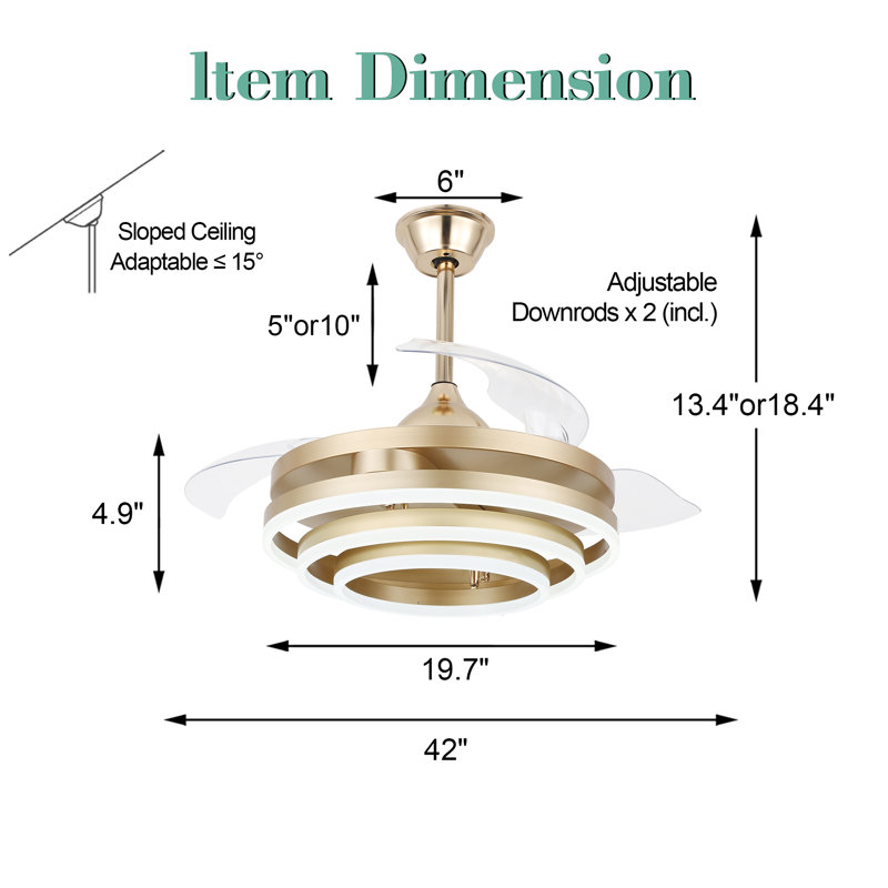 Brynnly 42" Retractable DC Motor Ceiling Fan with LED Lights, Remote 3-Colour 6-Speed, Gold with Clear Blades