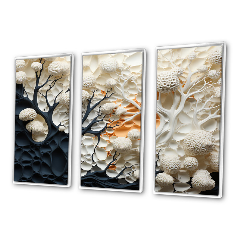 «Abstract Coral Flowers Collage I» - ensemble d'impression d'art mural corail sous l'eau, Cadre flottant blanc