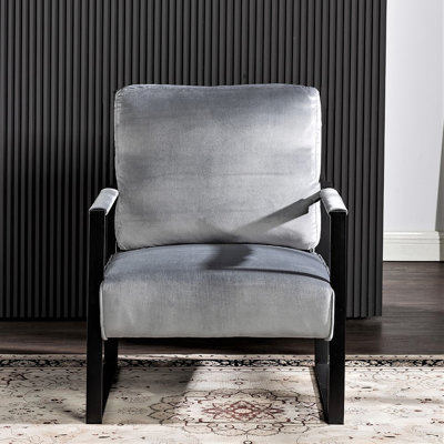 Fauteuil gris en velours avec structure carrée en métal, accoudoirs rembourrés, coussin épais pour la vie, chambre à coucher, chaise de bureau Mid-Century moderne en velours, décoration intérieure