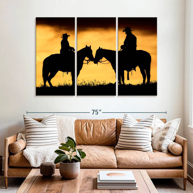Lelar Cowboy et Cowgirl sur leurs chevaux au coucher du soleil, H 42 po x l 65 po