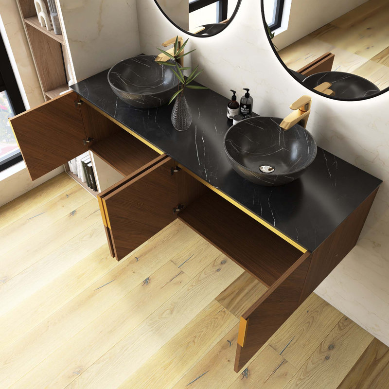 Meuble-lavabo mural en contreplaqué avec comptoir en pierre frittée noire et lavabo et portes ronds en céramique, couleur grain de bois chêne brun