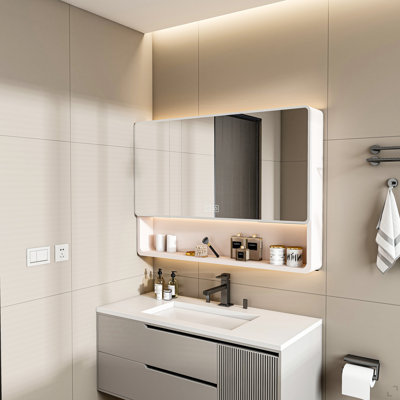 Aluminium Medicine Cabinet Mirror, 35 x 28 Inches Medicine Cabinet with 3 Colors LED Light and Defogging Function, Bathroom Mirror Cabinet with Cosmetic Storage Rack and Hair Dryer Holder