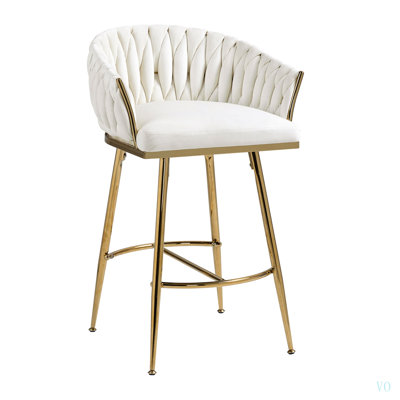 Tabouret de bar 26 po à hauteur de comptoir en velours pour îlot de cuisine avec dossier ondulé à la main, base et repose-pieds