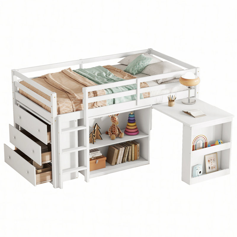 Twin Loft Bed stroage case ,drawers,Twin Loft Bed with ,Drawer Cabinet, Shelf Cabinet and Pulling -Out Desk,Rubber Wood Loft Bed with Safety Guardrail ,Ladder