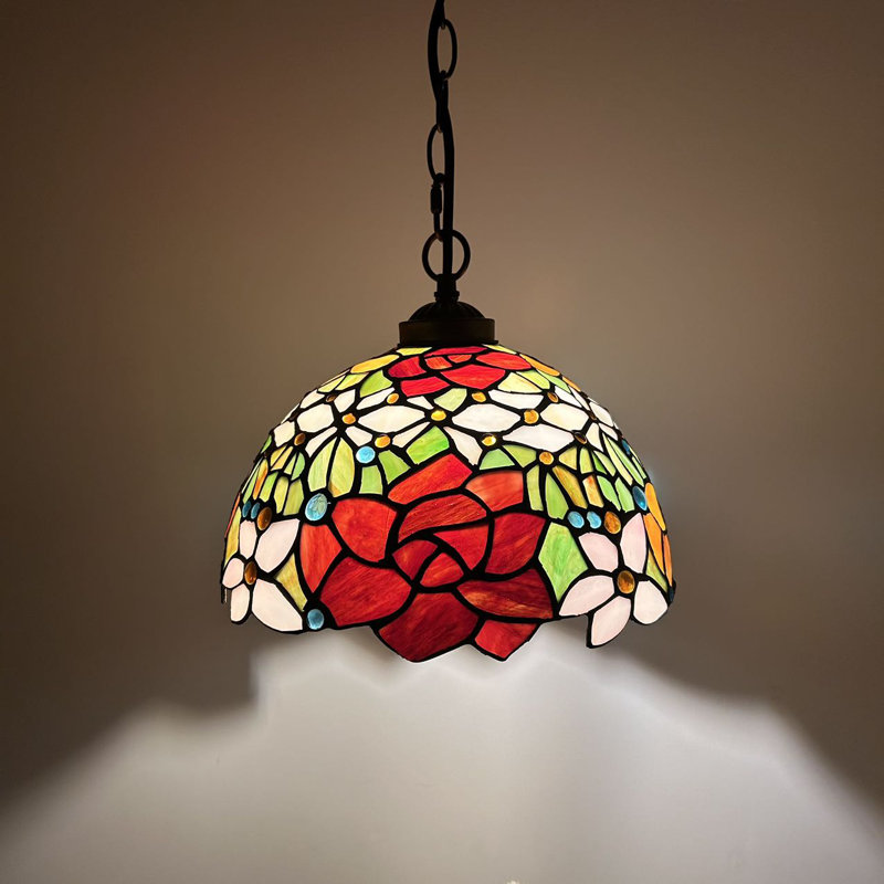 Kleist Tiffany Pendant Lighting Fixture Red Orange Blue Stained Glass Rose Flowers LED Bulb 12"W*12"D*60"H, Red/Orange/White