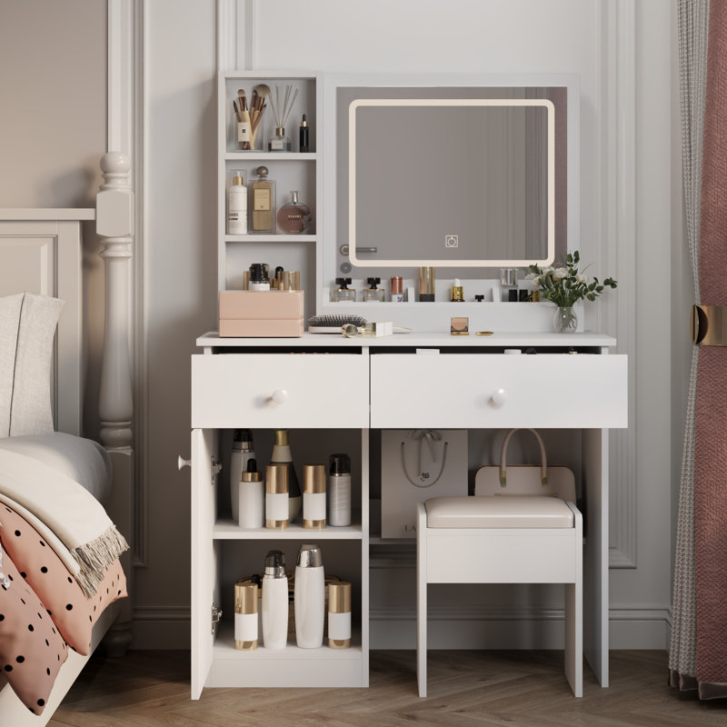 Bureau de coiffeuse blanc avec miroir lumineux, 3 modes d'éclairage couleur, 2 grands tiroirs et ensemble de table de maquillage à luminosité réglable