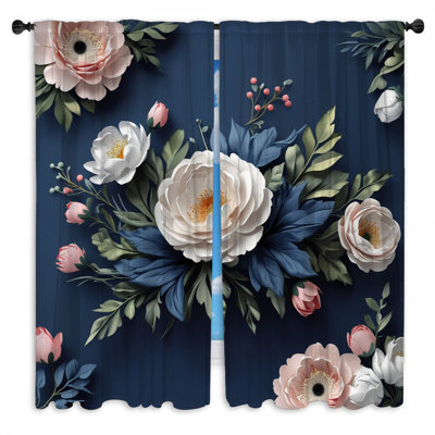 White Peonies And Foliage Window Curtains Peonies Sheer & Room Darkening - 2 Panels