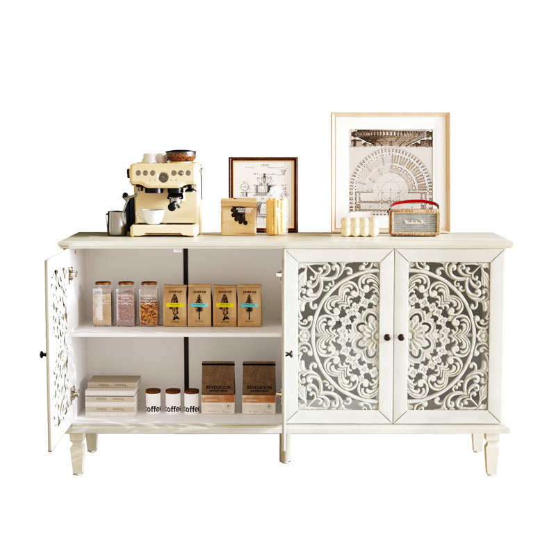 Armoire de rangement sculptée à portes à quatre portes, rangement de style traditionnel avec plateau de présentation, console de couloir avec détails ornés