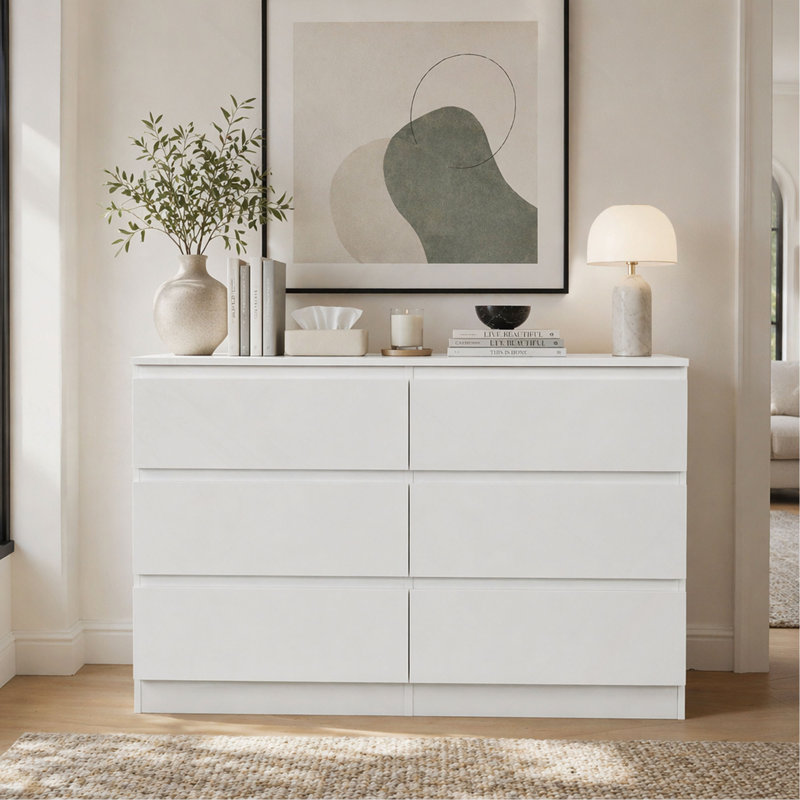 Commode 6 tiroirs blanche, commode moderne pour chambre à coucher avec comptoir spacieux, armoire de rangement en bois avec poignées dissimulées et 6 tiroirs profonds pour chambre à coucher, salon, entrée